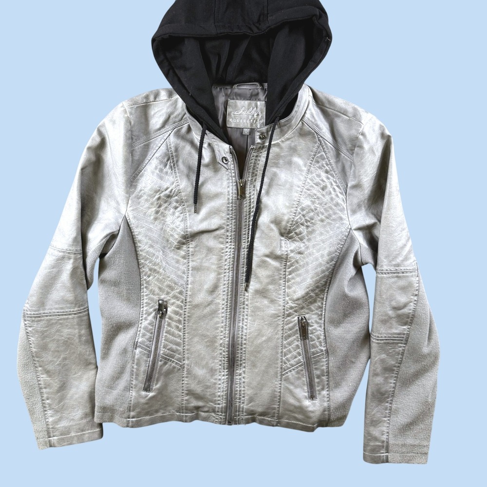 Sebby Collection Faux Leather Jacket Womens XL Grey Removable Hooded Moto Biker